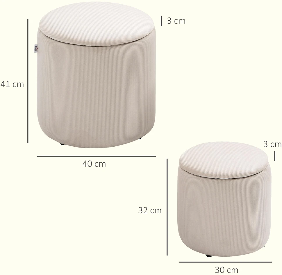 HOMCOM 2 vnt. sėdimųjų pufų komplektas su daiktadėže, osmanas, pėdų kėdutė, laikymo dėžė, nuimamas dangtis, velvetinis apmušalas, kreminės baltos spalvos, 40 x 40 x 41 cm