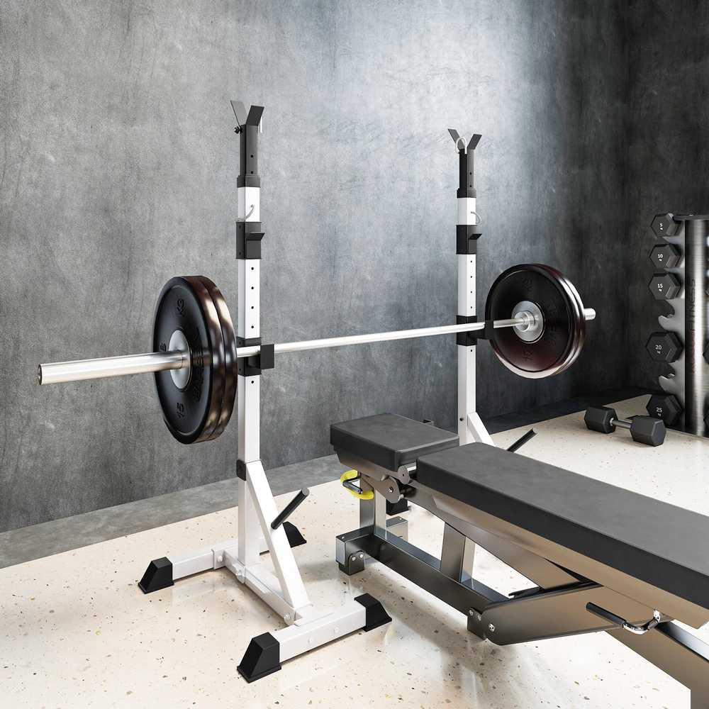 HOMCOM 2 vnt. štangų stovų rinkinys, 3 aukščio reguliuojami lygių štangų laikikliai, plieniniai štangos laikikliai iki 200 kg, pritūpimų stovas, štangos stovas, svarmenų diskų stovas jėgos treniruotėms