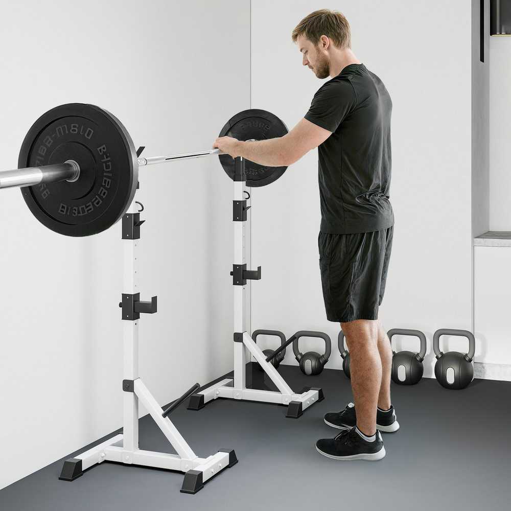 HOMCOM 2 vnt. štangų stovų rinkinys, 3 aukščio reguliuojami lygių štangų laikikliai, plieniniai štangos laikikliai iki 200 kg, pritūpimų stovas, štangos stovas, svarmenų diskų stovas jėgos treniruotėms