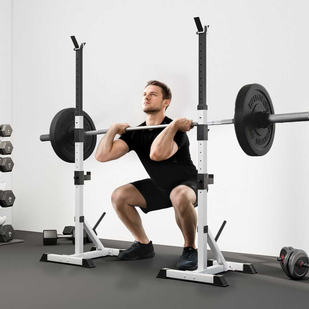 HOMCOM 2 vnt. štangų stovų rinkinys, 3 aukščio reguliuojami lygių štangų laikikliai, plieniniai štangos laikikliai iki 200 kg, pritūpimų stovas, štangos stovas, svarmenų diskų stovas jėgos treniruotėms