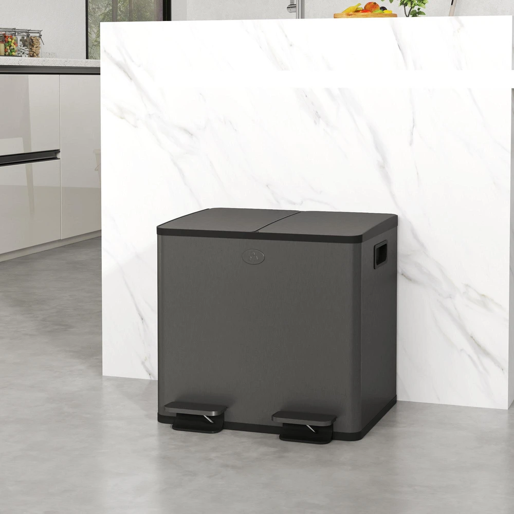 HOMCOM 2 x 15 l dviguba šiukšliadėžė, atidaroma pedalu, lengvai valoma, nerūdijantis plienas, plastikas, juoda