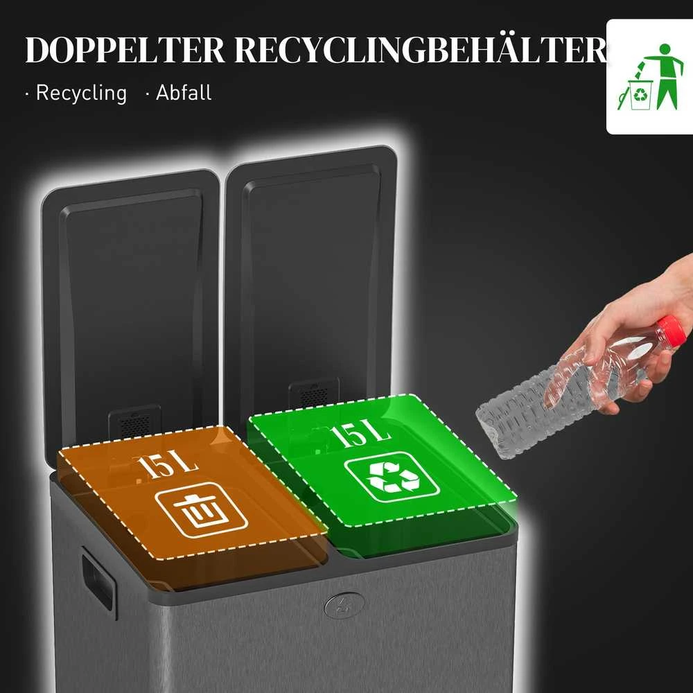 HOMCOM 2 x 15 l dviguba šiukšliadėžė, atidaroma pedalu, lengvai valoma, nerūdijantis plienas, plastikas, juoda