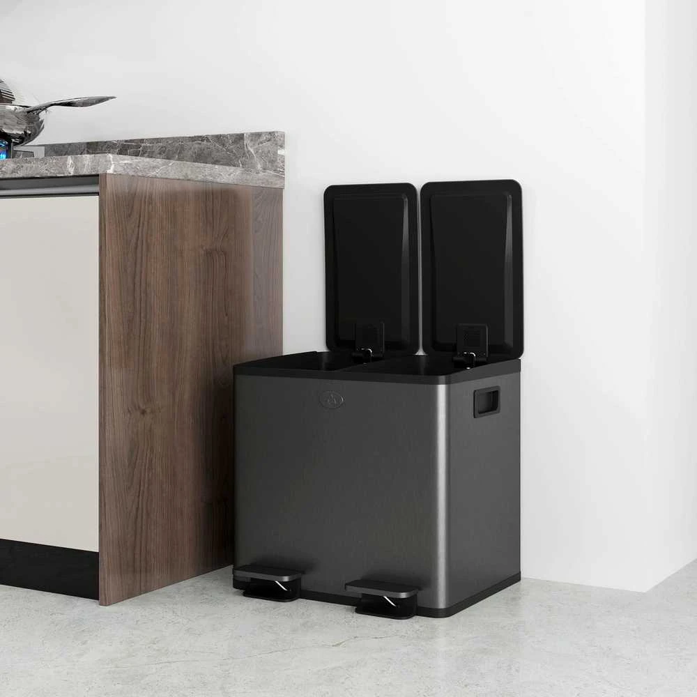 HOMCOM 2 x 15 l dviguba šiukšliadėžė, atidaroma pedalu, lengvai valoma, nerūdijantis plienas, plastikas, juoda