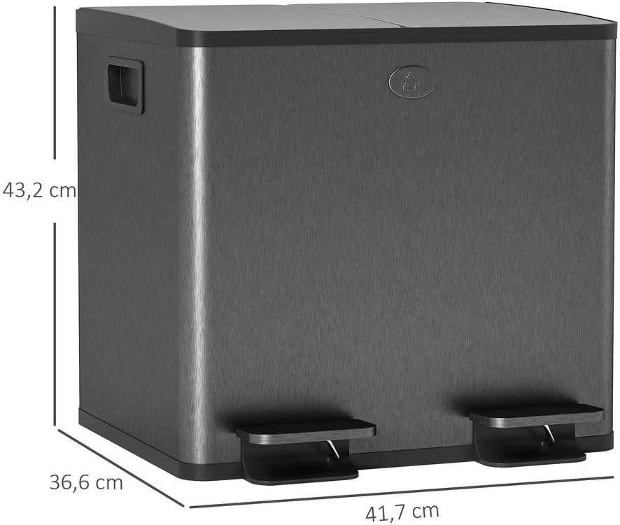 HOMCOM 2 x 15 l dviguba šiukšliadėžė, atidaroma pedalu, lengvai valoma, nerūdijantis plienas, plastikas, juoda