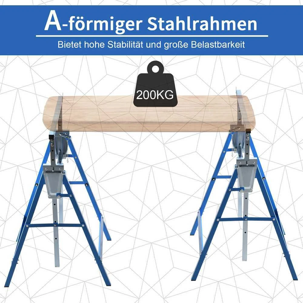 HOMCOM 2 x pastolių ožys, atraminis stovas, sulankstomas, reguliuojamo aukščio, iki 200 kg, plienas, mėlynas, 68x58x80-130 cm