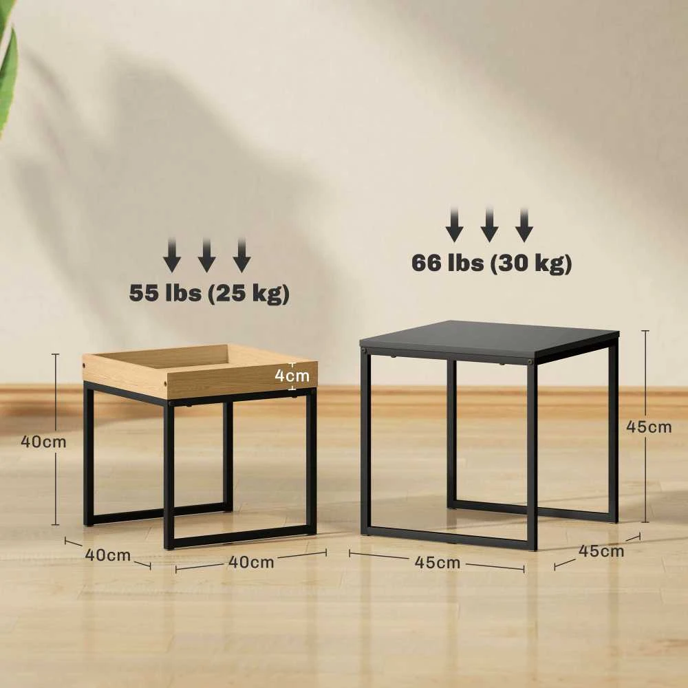 HOMCOM kavos staliukų rinkinys (2 vnt.), kampinis šoninis staliukas, staliukas kavai su plieniniu rėmu, modernaus dizaino svetainės staliukas, tinka svetainei, atlaiko iki 30 kg, juodos ir ąžuolo spalvos