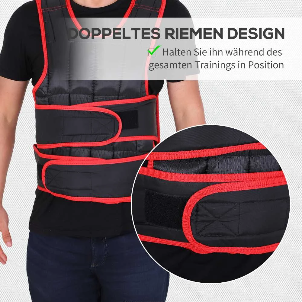 HOMCOM 20 kg treniruočių liemenė, reguliuojama su dvigubais diržais, jėgos treniruotėms, fitnesui, Oksfordo audinys, metalo smėlis, juoda+raudona, 60 x 50 cm