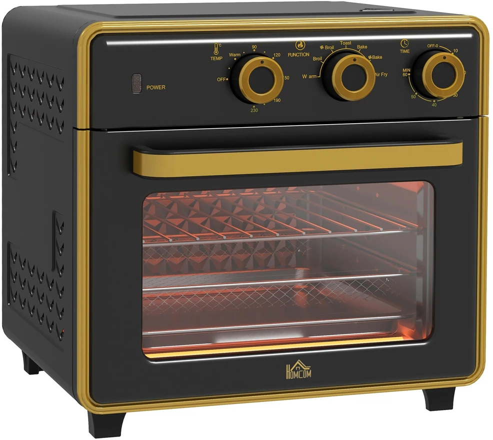 Elektrinė krosnelė HOMCOM 20 l mini orkaitė, picos orkaitė su konvekcijos funkcija, karšto oro orkaitė su kepimo skarda, grotelės, 90–230 ℃, 1400 W elektrinė mini orkaitė su 1 val. laikmačiu