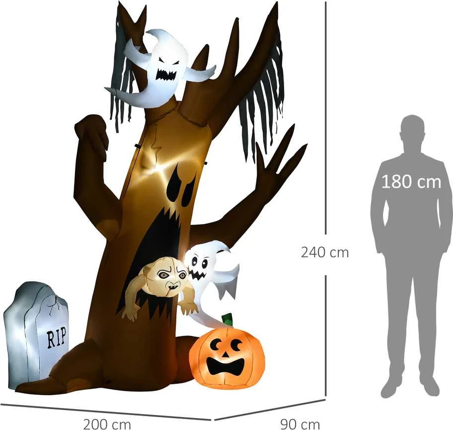 HOMCOM 240 cm pripučiamas medis vaiduoklis, Helovino dekoracija su LED apšvietimu, vandeniui atsparus medis su vaiduokliais, savaime pripučiama sodo dekoracija kiemui, vakarėliui