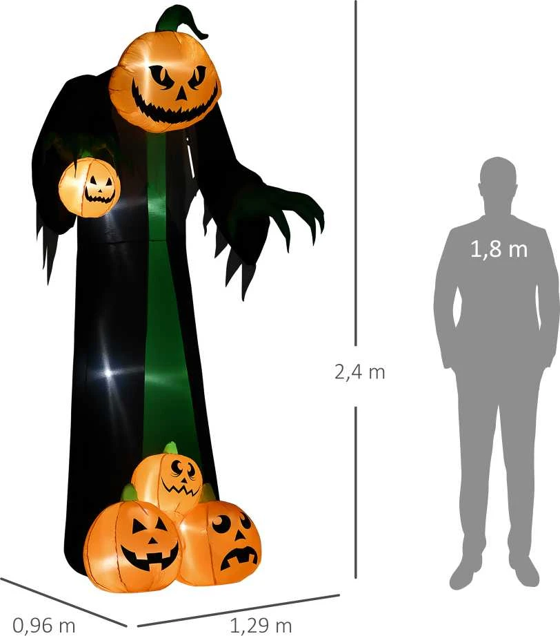 HOMCOM 240 cm pripučiamas moliūgas vaiduoklis, Helovino siaubo dekoracija su LED apšvietimu, Helovino dekoracija, vandeniui atspari oro figūra, poliesteris, skirta patalpoms, lauke