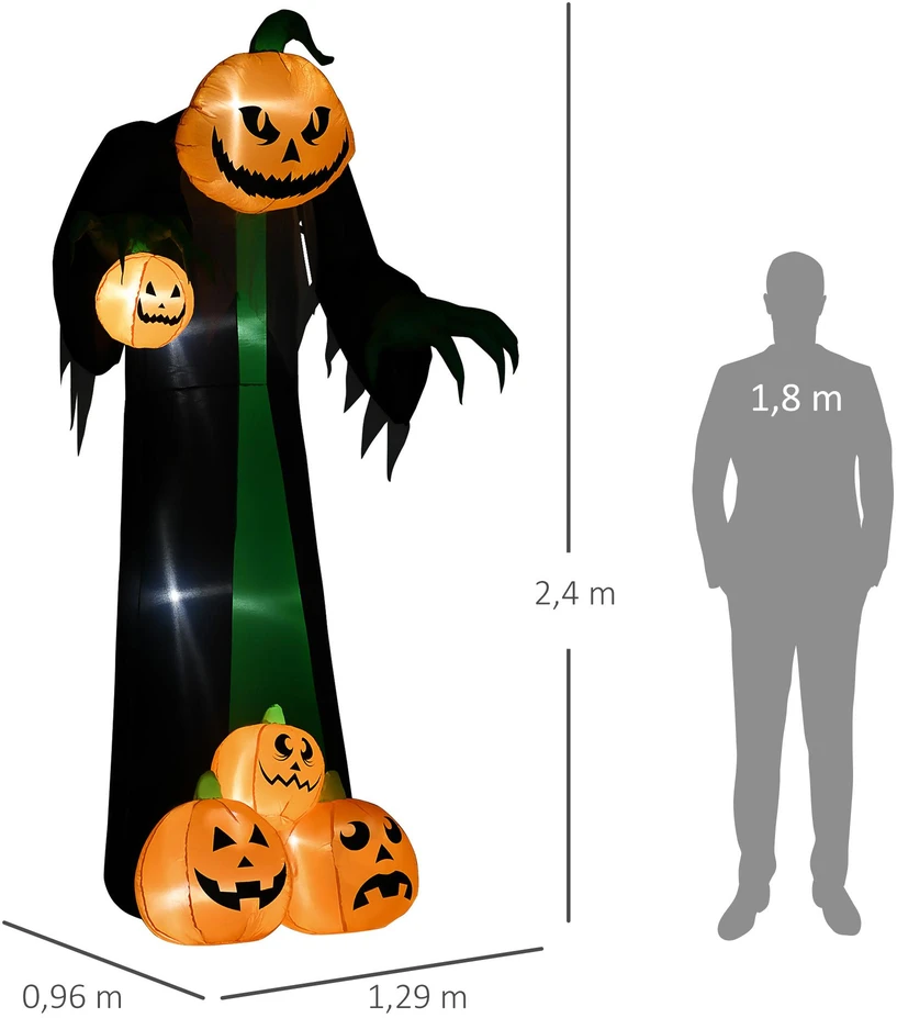 HOMCOM 240 cm pripučiamas moliūgas vaiduoklis, Helovino siaubo dekoracija su LED apšvietimu, Helovino dekoracija, vandeniui atspari oro figūra, poliesteris, skirta patalpoms, lauke