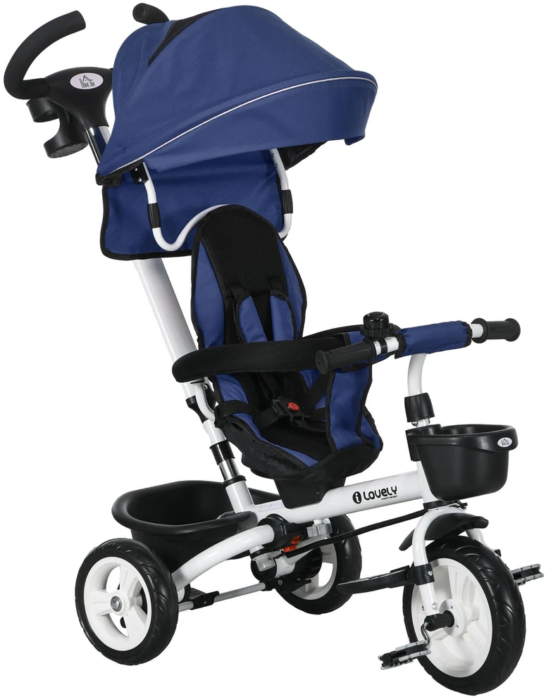 HOMCOM 2-in-1 triratukas su stūmimo rankena, saugos diržu, sulankstomas, su stogeliu nuo saulės, puodelio laikikliu, krepšeliu, pedalais, 1–5 metams, mėlynas