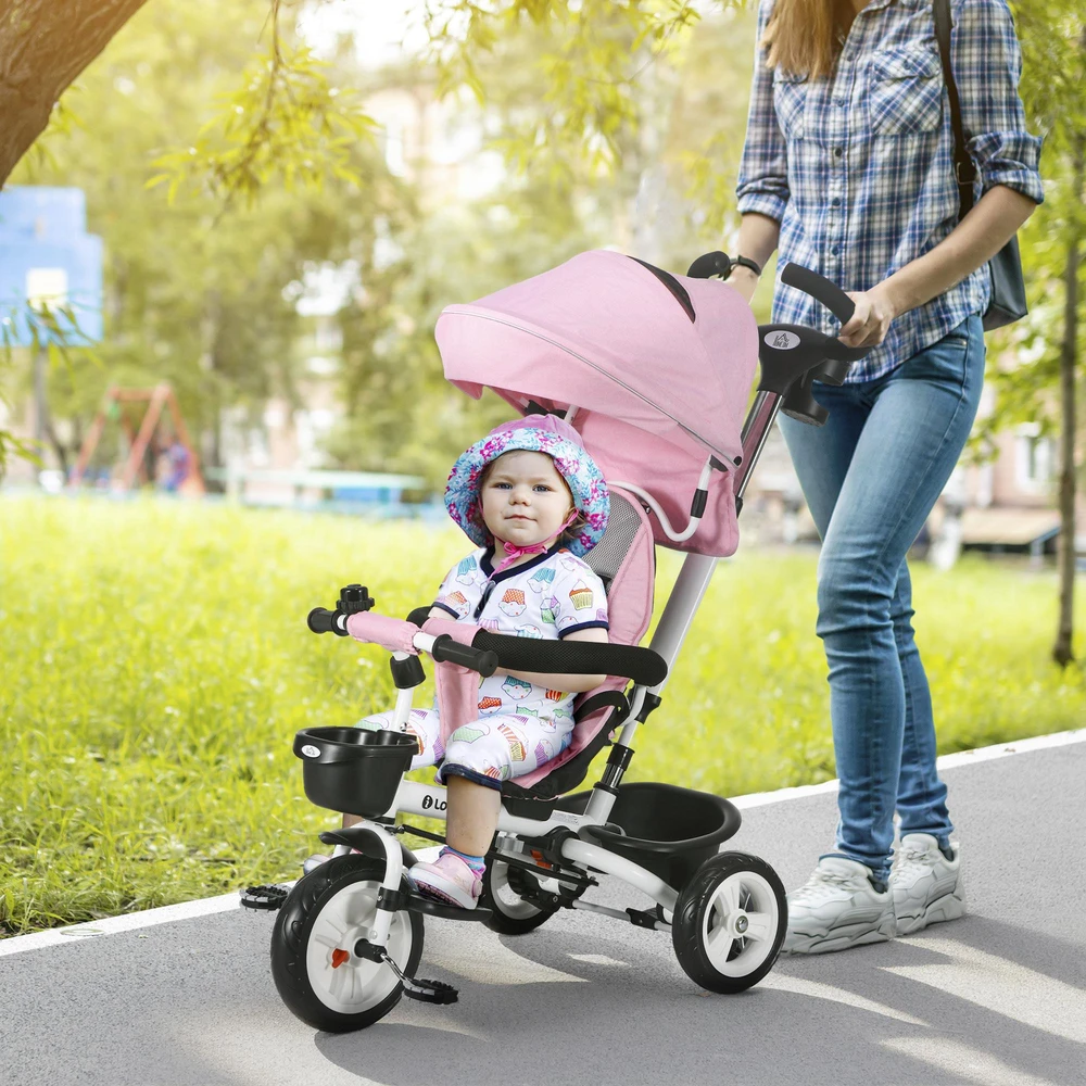 HOMCOM 2in1 triratukas su stūmimo rankena, vaikiškas triratukas, saugos diržas, sulankstomas, stogelis nuo saulės, puodelio laikiklis, krepšelis, pedalai, 1-5 metai, rožinis