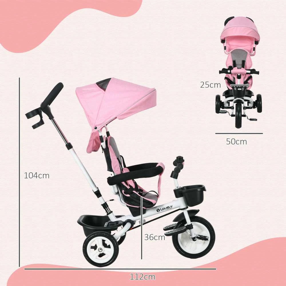 HOMCOM 2in1 triratukas su stūmimo rankena, vaikiškas triratukas, saugos diržas, sulankstomas, stogelis nuo saulės, puodelio laikiklis, krepšelis, pedalai, 1-5 metai, rožinis