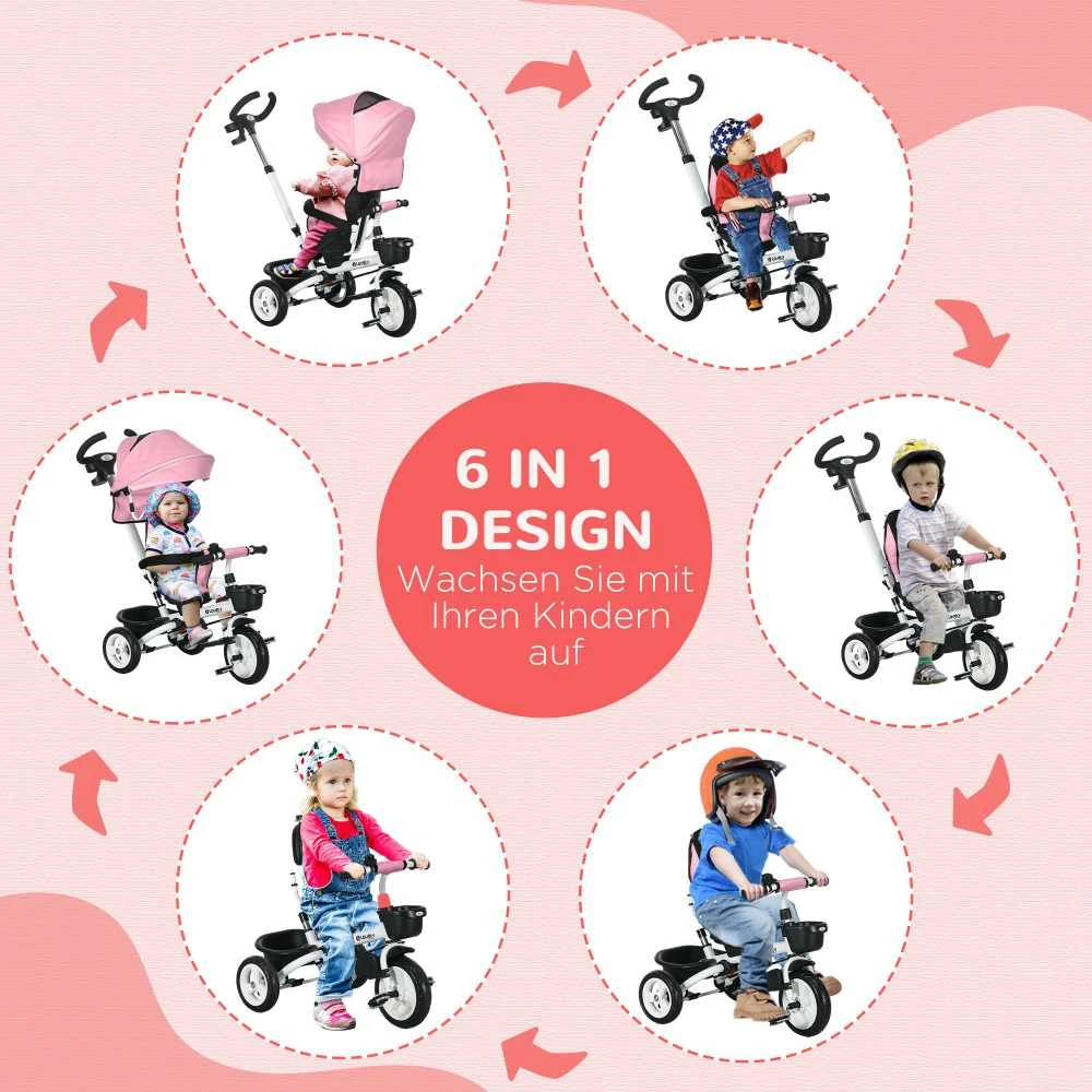 HOMCOM 2in1 triratukas su stūmimo rankena, vaikiškas triratukas, saugos diržas, sulankstomas, stogelis nuo saulės, puodelio laikiklis, krepšelis, pedalai, 1-5 metai, rožinis