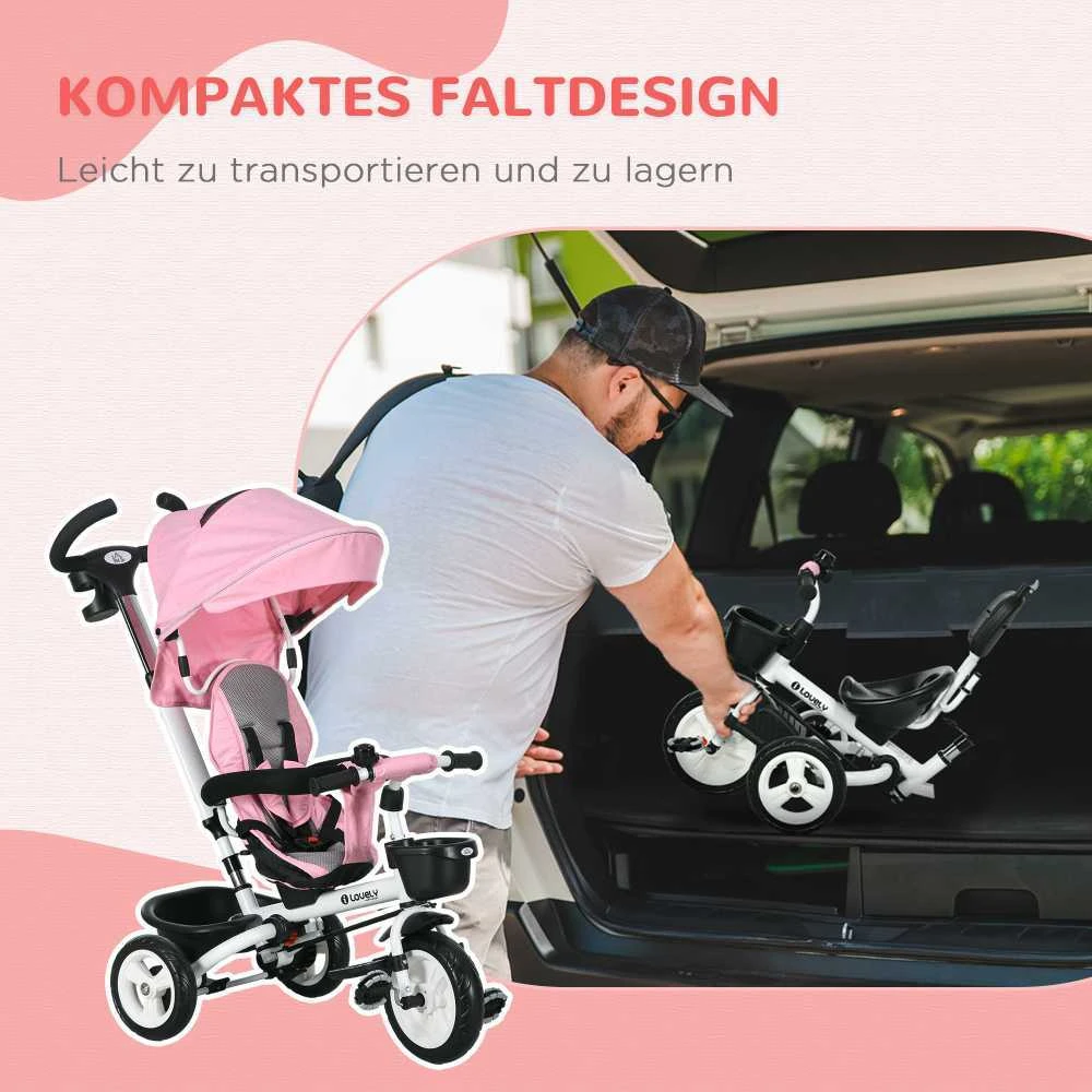 HOMCOM 2in1 triratukas su stūmimo rankena, vaikiškas triratukas, saugos diržas, sulankstomas, stogelis nuo saulės, puodelio laikiklis, krepšelis, pedalai, 1-5 metai, rožinis