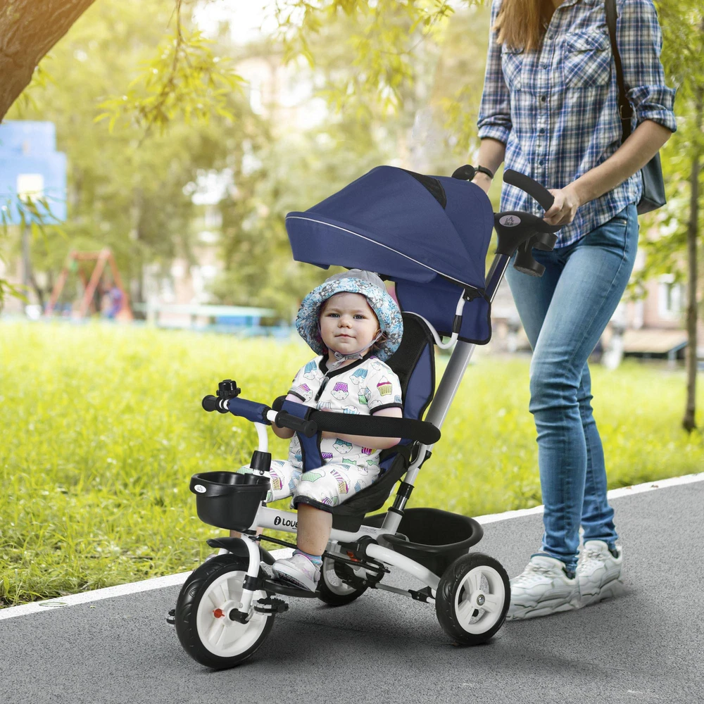HOMCOM 2-in-1 triratukas su stūmimo rankena, saugos diržu, sulankstomas, su stogeliu nuo saulės, puodelio laikikliu, krepšeliu, pedalais, 1–5 metams, mėlynas