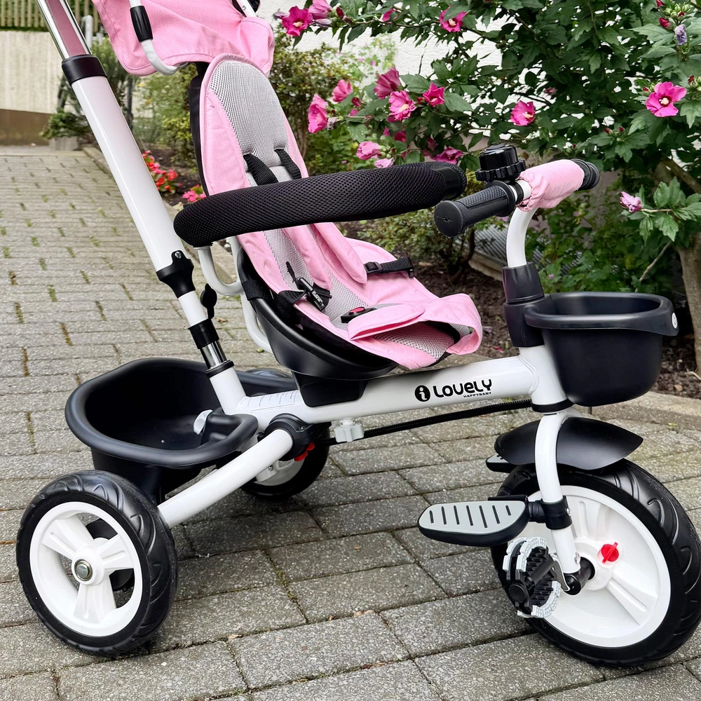 HOMCOM 2in1 triratukas su stūmimo rankena, vaikiškas triratukas, saugos diržas, sulankstomas, stogelis nuo saulės, puodelio laikiklis, krepšelis, pedalai, 1-5 metai, rožinis