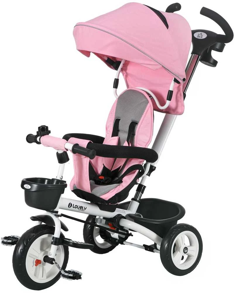 HOMCOM 2in1 triratukas su stūmimo rankena, vaikiškas triratukas, saugos diržas, sulankstomas, stogelis nuo saulės, puodelio laikiklis, krepšelis, pedalai, 1-5 metai, rožinis