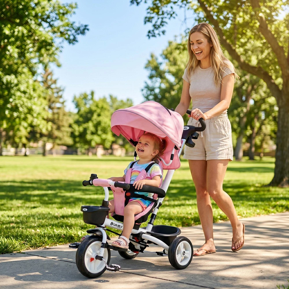 HOMCOM 2in1 triratukas su stūmimo rankena, vaikiškas triratukas, saugos diržas, sulankstomas, stogelis nuo saulės, puodelio laikiklis, krepšelis, pedalai, 1-5 metai, rožinis