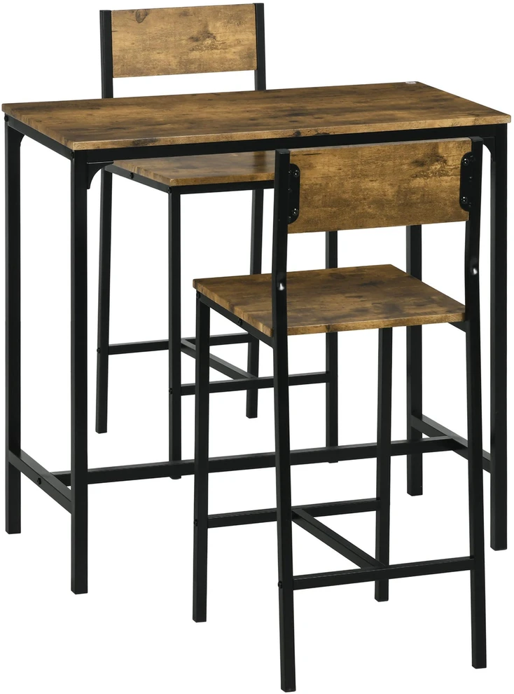 HOMCOM 3 dalių baro komplektas, baro stalas, 2 kėdės, MDF, metalinis rėmas, atsparus vandeniui, rudas