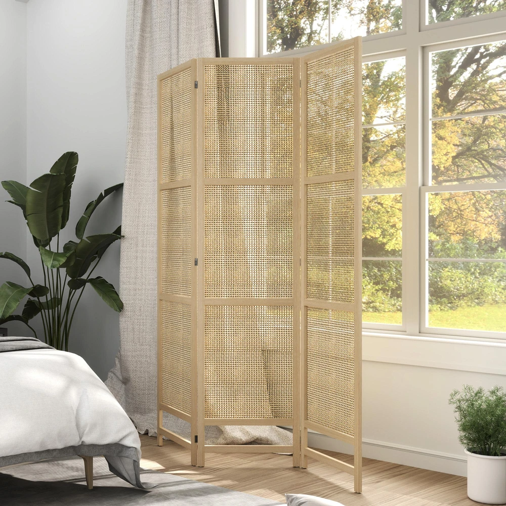 HOMCOM 3 dalių pertvara 135 x 180 cm, atskiriamoji sienelė iš PP ratano, sulankstomas kambario daliklis, privatumo apsauga svetainei, natūrali