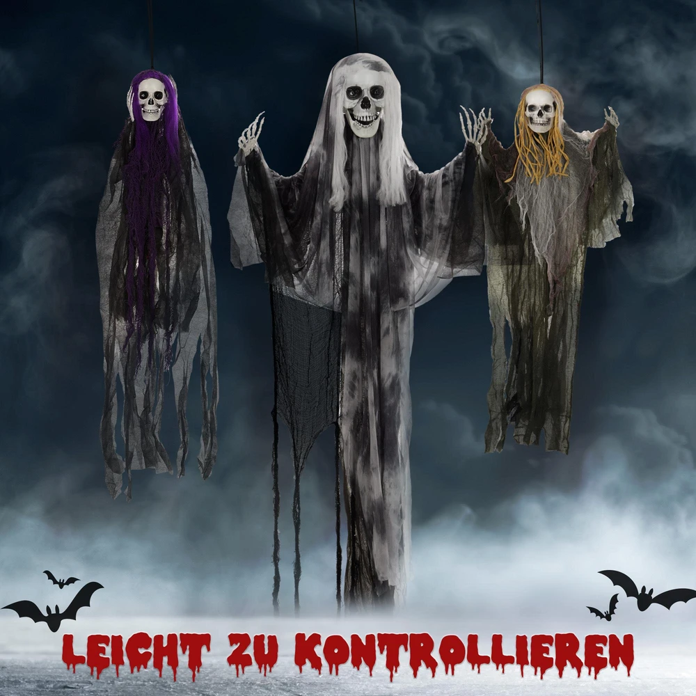 HOMCOM 3 Helovino dekoracijų rinkinys 200cm Kabantis skeletas su reguliuojamomis rankomis, priekinių durų dekoracija, natūralaus dydžio vaiduoklių namų rekvizitas, skirtas kiemo vejai, sodui, vakarėliui