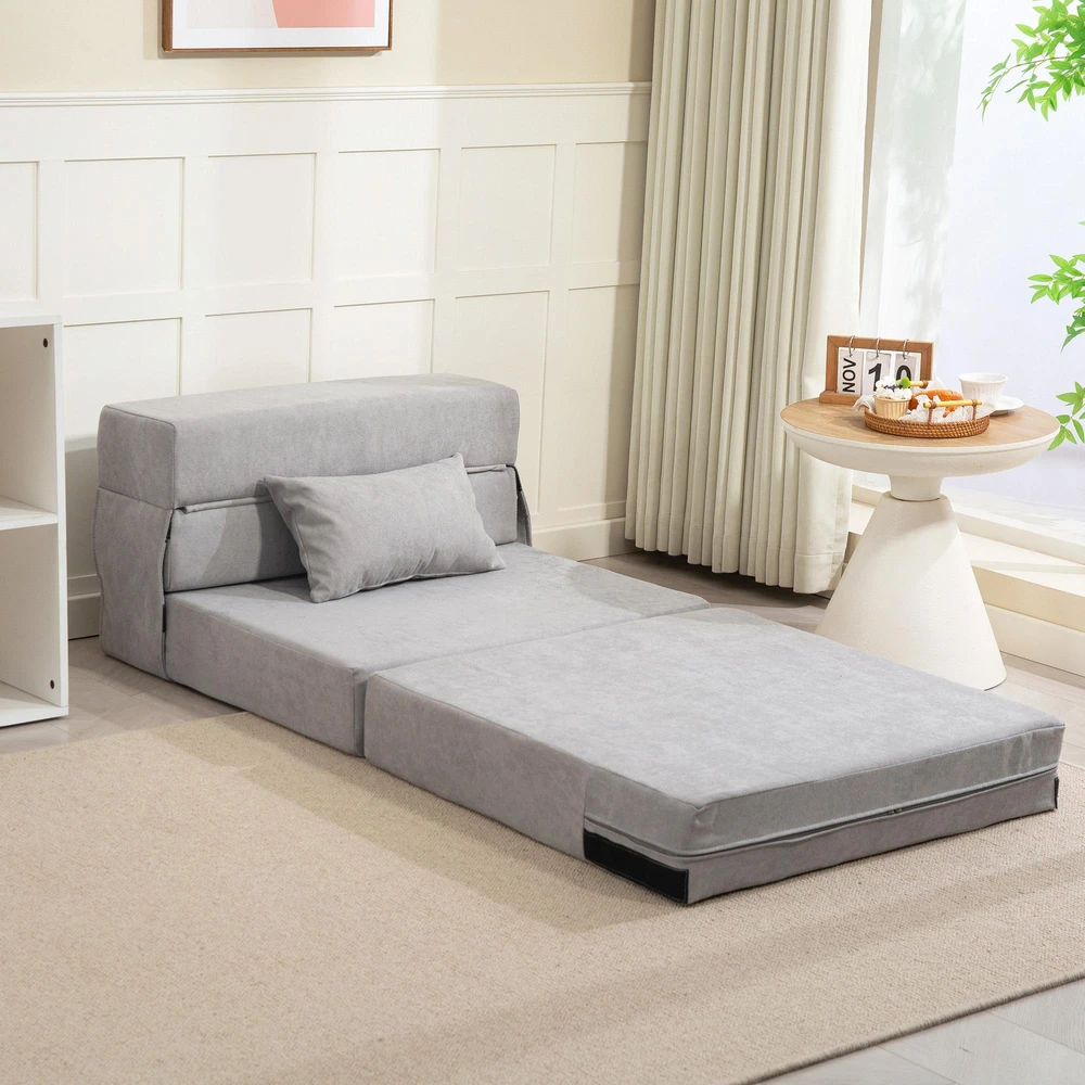 HOMCOM 3-in-1 išskleidžiamas fotelis-lova, sulankstoma sofa-lova su miegojimo funkcija, juosmens pagalvė, flanelinės išvaizdos poilsio fotelis, šezlongas svetainei, šviesiai pilkas