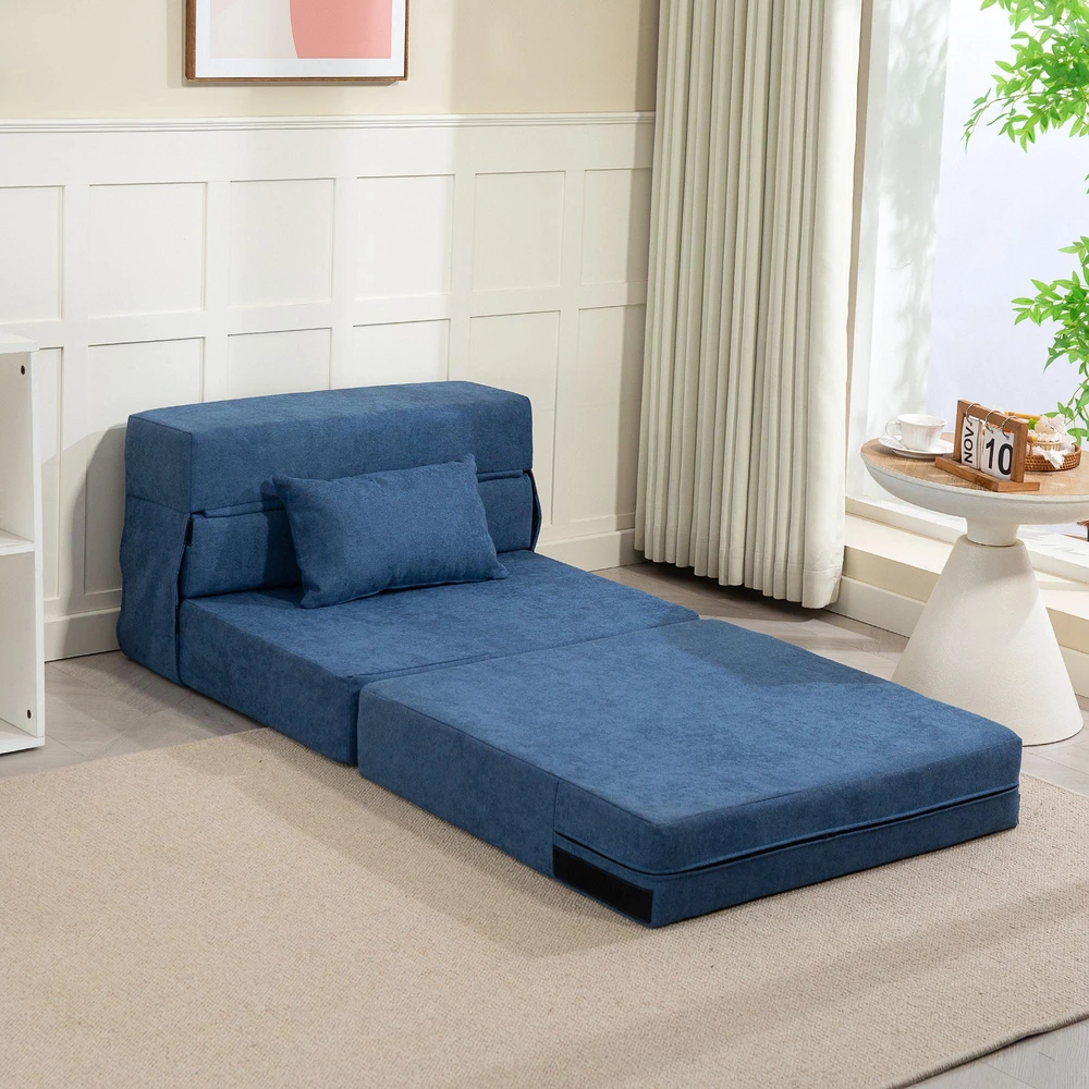 HOMCOM 3-in-1 išskleidžiamas fotelis, sulankstoma sofa-lova su miegamuoju mechanizmu, juosmens pagalvė, flanelinė poilsio kėdė svetainei, tamsiai mėlyna