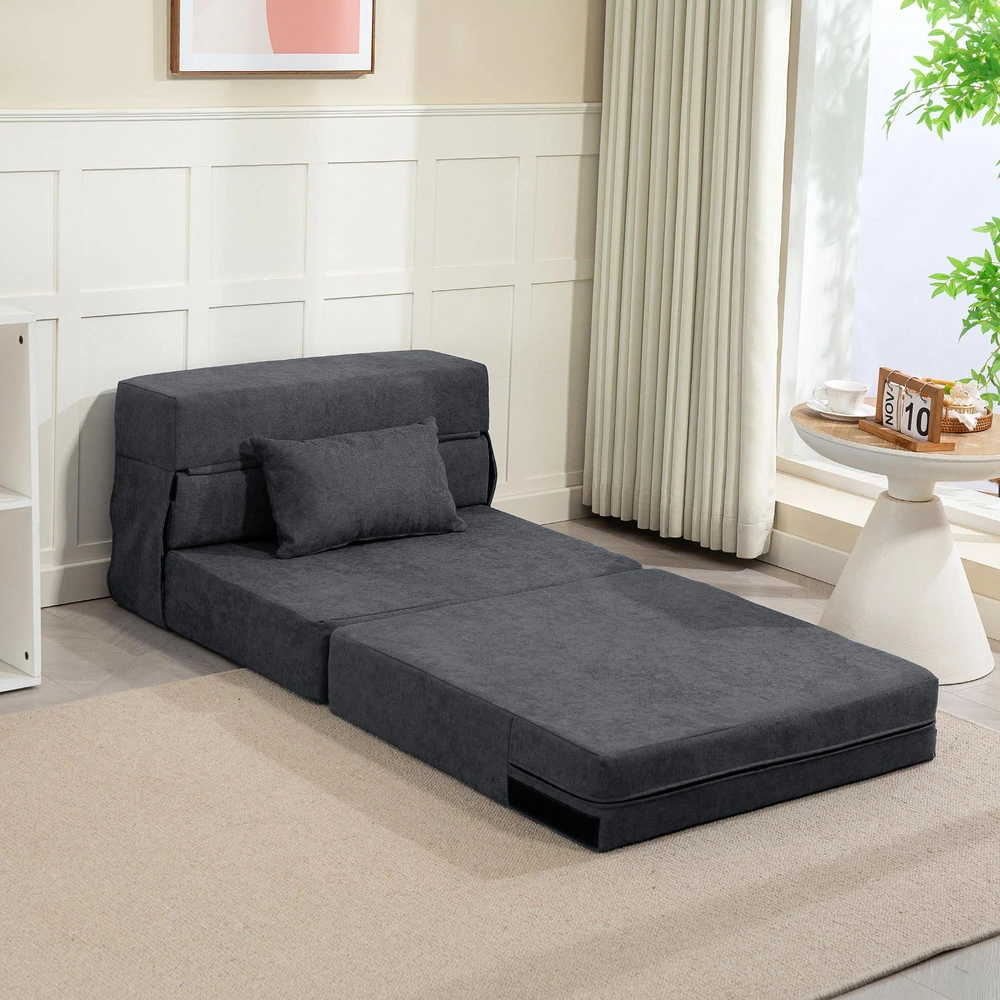 HOMCOM 3-in-1 išskleidžiamas fotelis, sulankstoma sofa-lova su miegojimo funkcija, juosmens pagalvė, flanelės stiliaus poilsio fotelis, šezlongas svetainei, tamsiai pilkas