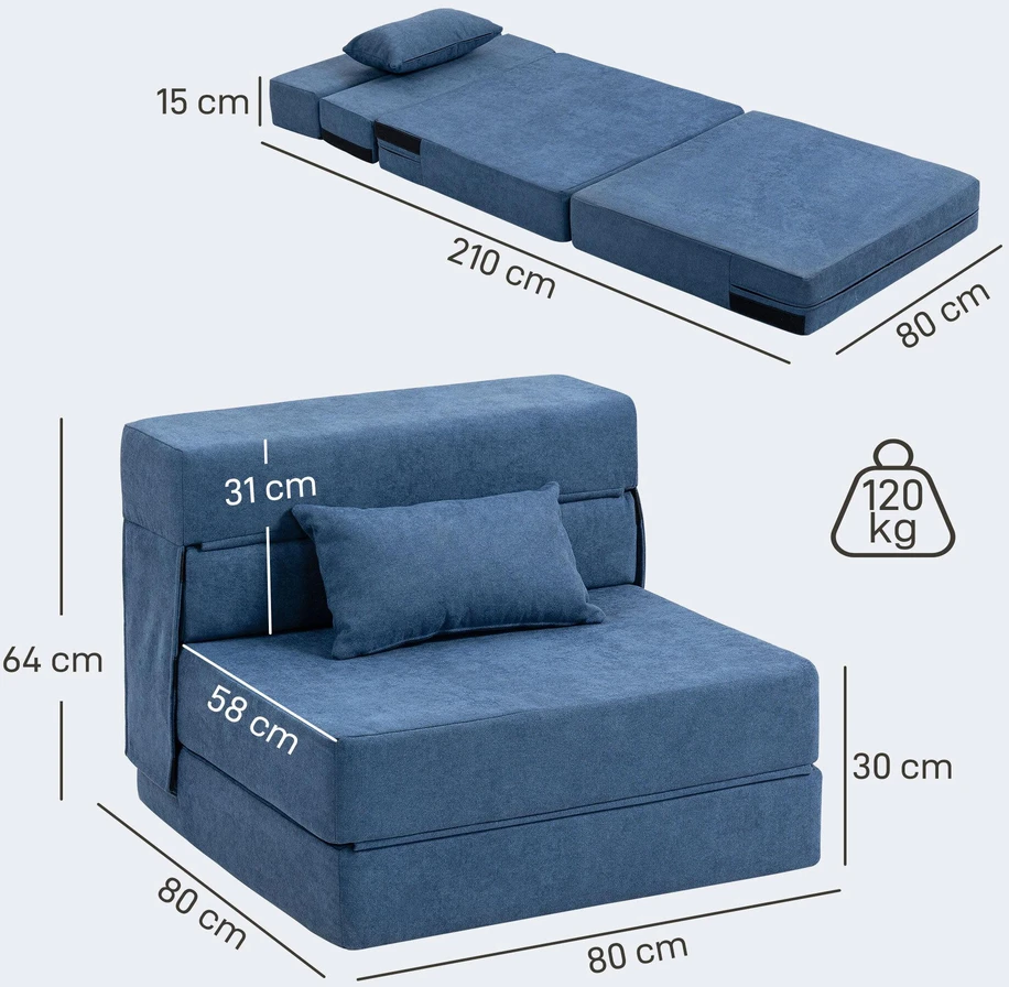 HOMCOM 3-in-1 išskleidžiamas fotelis, sulankstoma sofa-lova su miegamuoju mechanizmu, juosmens pagalvė, flanelinė poilsio kėdė svetainei, tamsiai mėlyna