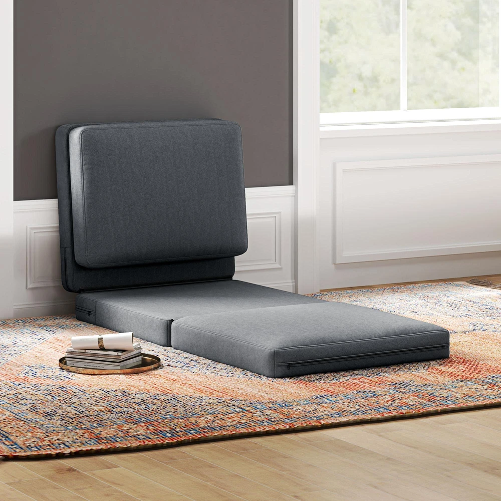 Fotelis HOMCOM 3-in-1 sulankstoma grindų sofa, aksominė išvaizda, paminkštinta sofa-lova, iki 240 kg apkrova, miegamajam, svetainei, tamsiai pilka