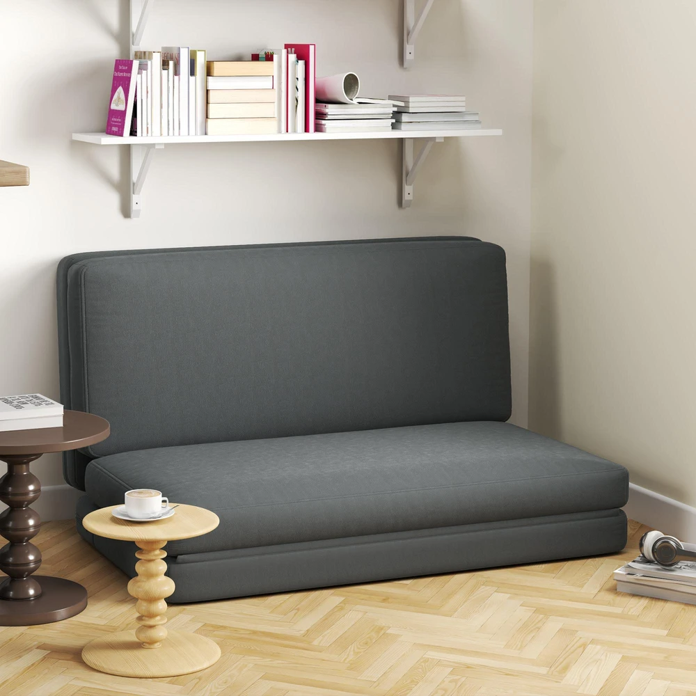 Fotelis HOMCOM 3-in-1 sulankstoma grindų sofa su aksomo efektu, paminkštinta sofa-lova, išlaikanti iki 240 kg, miegamajam, svetainei, tamsiai pilka