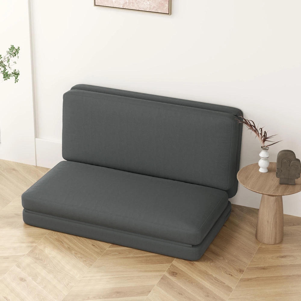 Fotelis HOMCOM 3-in-1 sulankstoma grindų sofa su aksomo efektu, paminkštinta sofa-lova, išlaikanti iki 240 kg, miegamajam, svetainei, tamsiai pilka