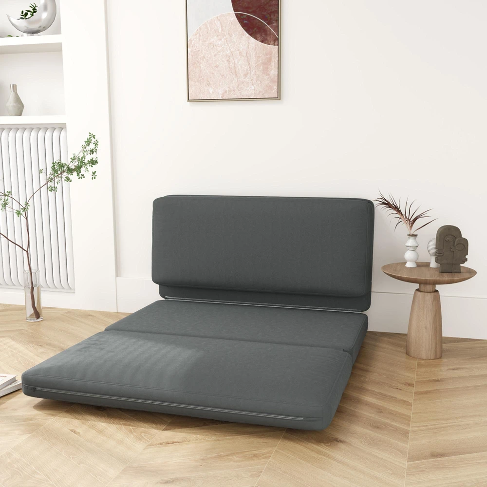 Fotelis HOMCOM 3-in-1 sulankstoma grindų sofa su aksomo efektu, paminkštinta sofa-lova, išlaikanti iki 240 kg, miegamajam, svetainei, tamsiai pilka