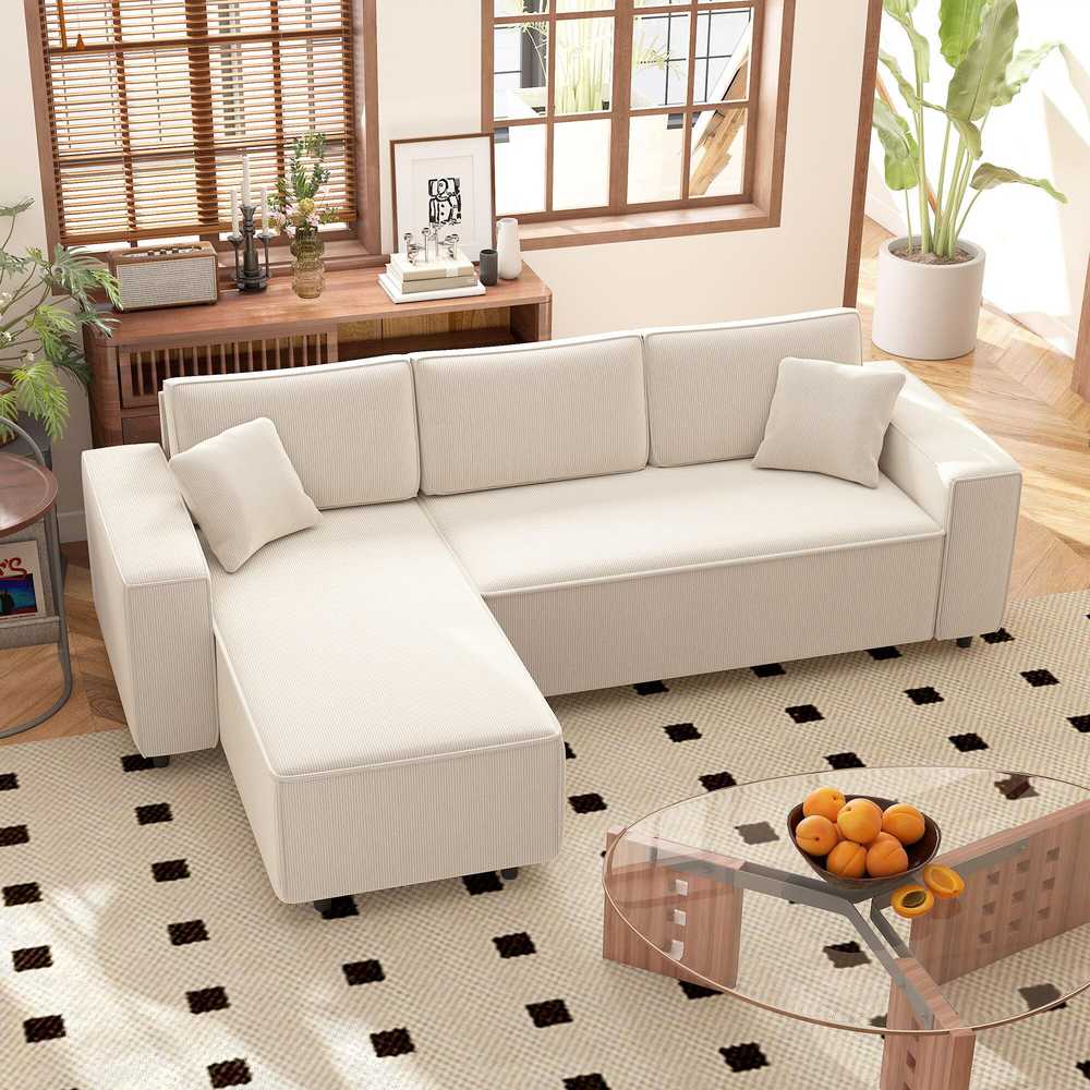 HOMCOM 3 vietų kampinė sofa su keičiama gulto puse, 2 pagalvėlės, velvetinis audinys, kreminės baltos spalvos, 241x153x83 cm