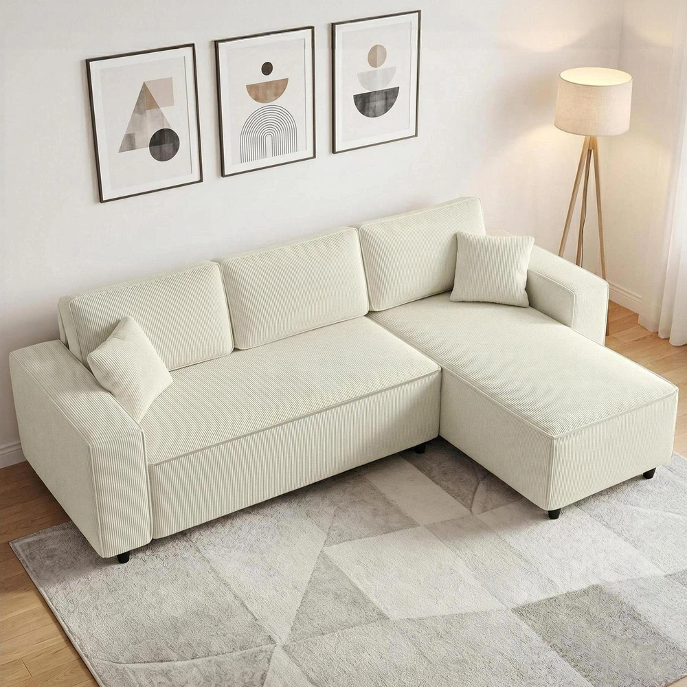 HOMCOM 3 vietų kampinė sofa su keičiama gulto puse, 2 pagalvėlės, velvetinis audinys, kreminės baltos spalvos, 241x153x83 cm