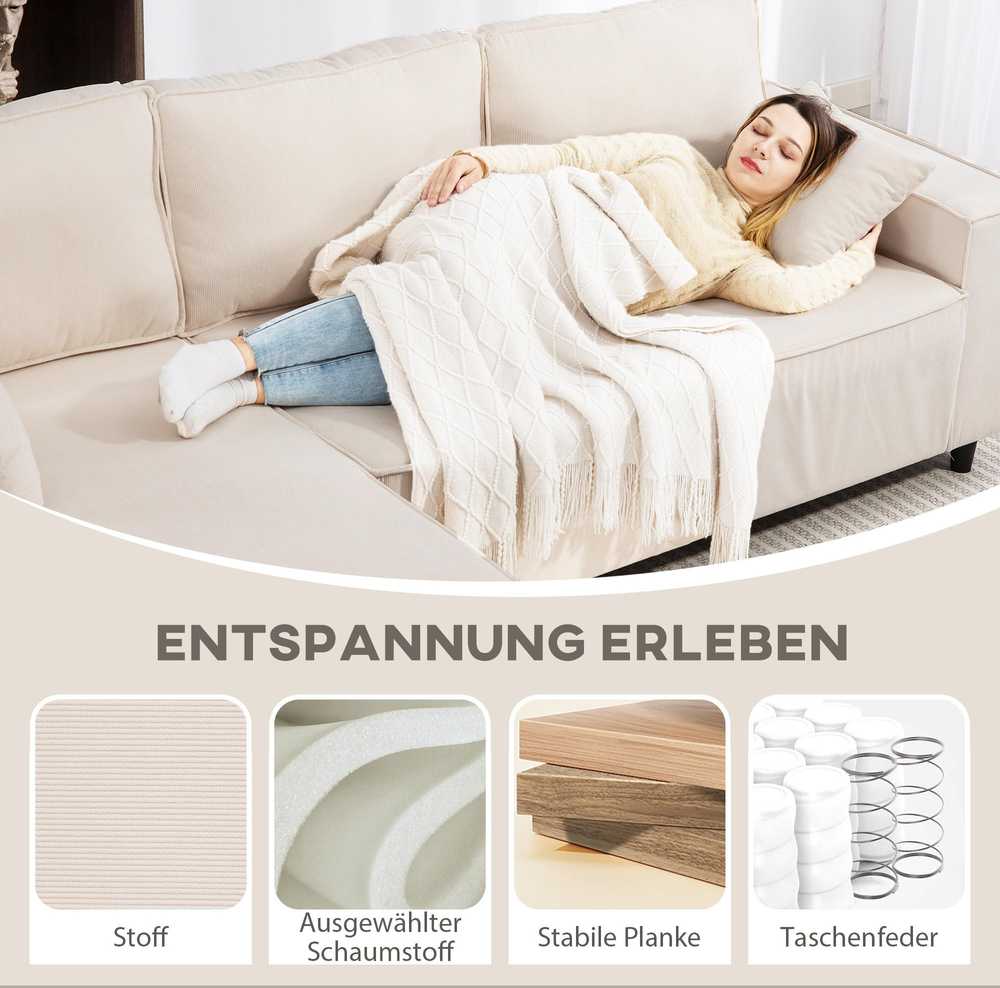 HOMCOM 3 vietų kampinė sofa su keičiama gulto puse, 2 pagalvėlės, velvetinis audinys, kreminės baltos spalvos, 241x153x83 cm