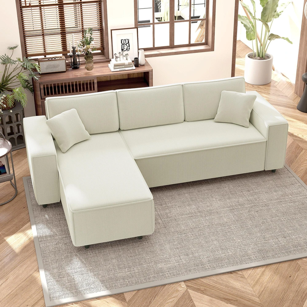 HOMCOM 3 vietų kampinė sofa su keičiama gulto puse, 2 pagalvėlės, velvetinis audinys, kreminės baltos spalvos, 241x153x83 cm