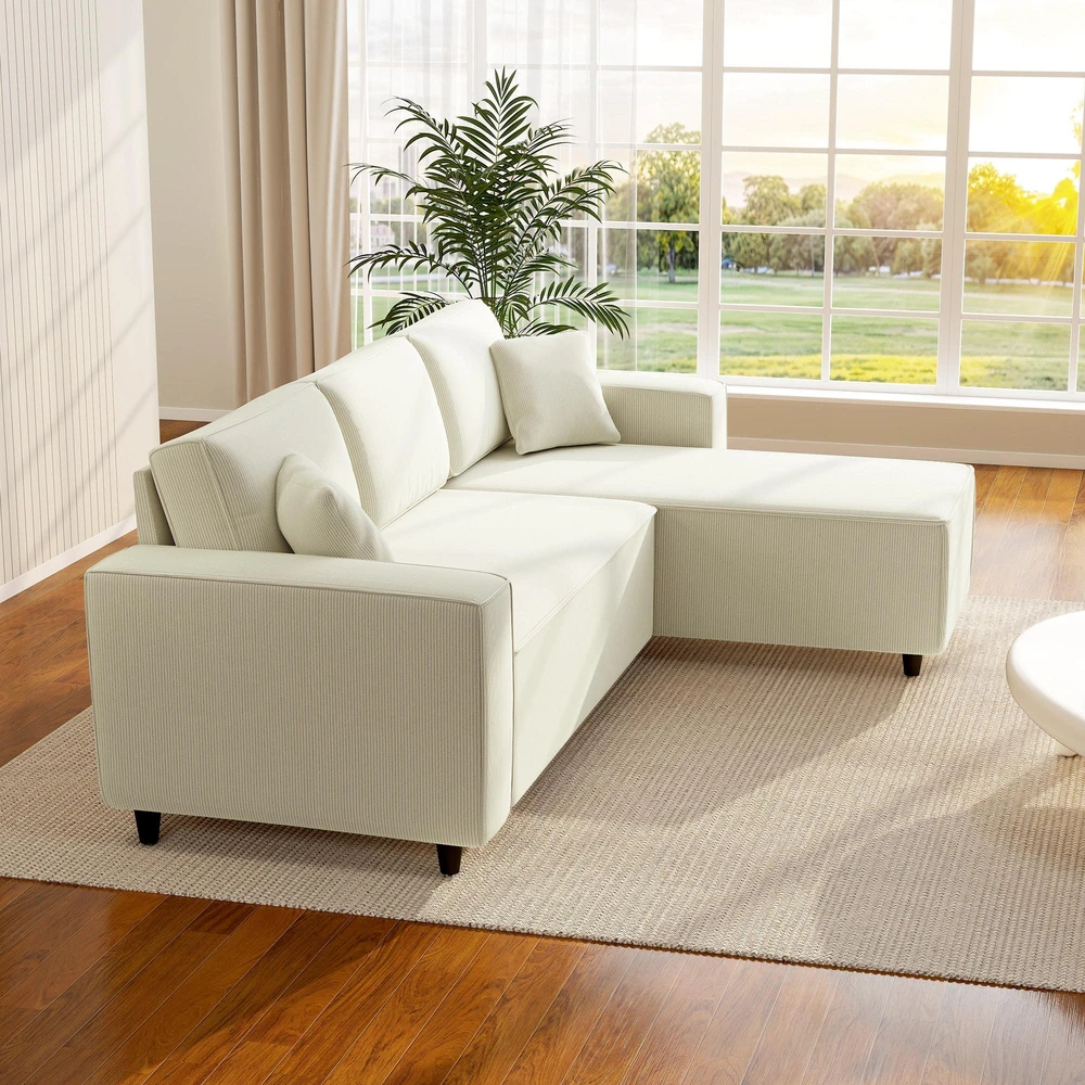 HOMCOM 3 vietų kampinė sofa su keičiama gulto puse, 2 pagalvėlės, velvetinis audinys, kreminės baltos spalvos, 241x153x83 cm