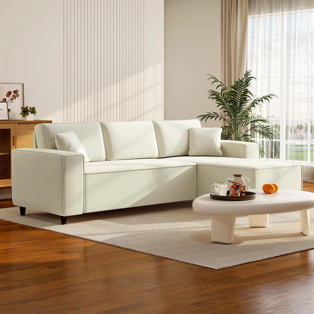 HOMCOM 3 vietų kampinė sofa su keičiama gulto puse, 2 pagalvėlės, velvetinis audinys, kreminės baltos spalvos, 241x153x83 cm