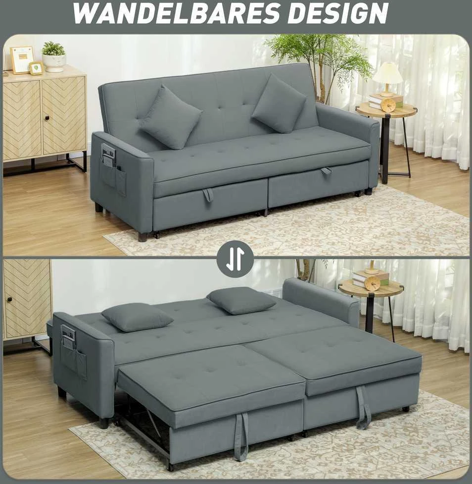 HOMCOM sofos lova, reguliuojama 3 vietų sofa su miegamąja funkcija, išskleidžiama sofa-lova, pagalvėlės, pilka