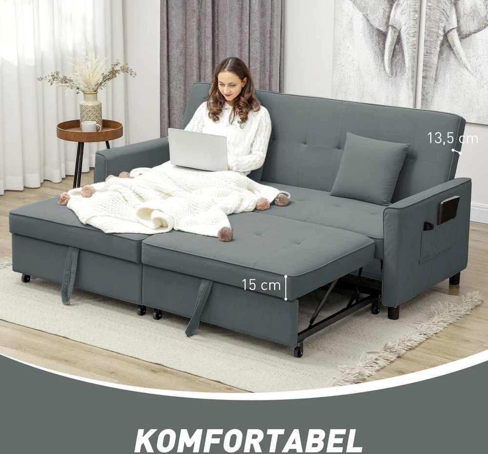 HOMCOM sofos lova, reguliuojama 3 vietų sofa su miegamąja funkcija, išskleidžiama sofa-lova, pagalvėlės, pilka