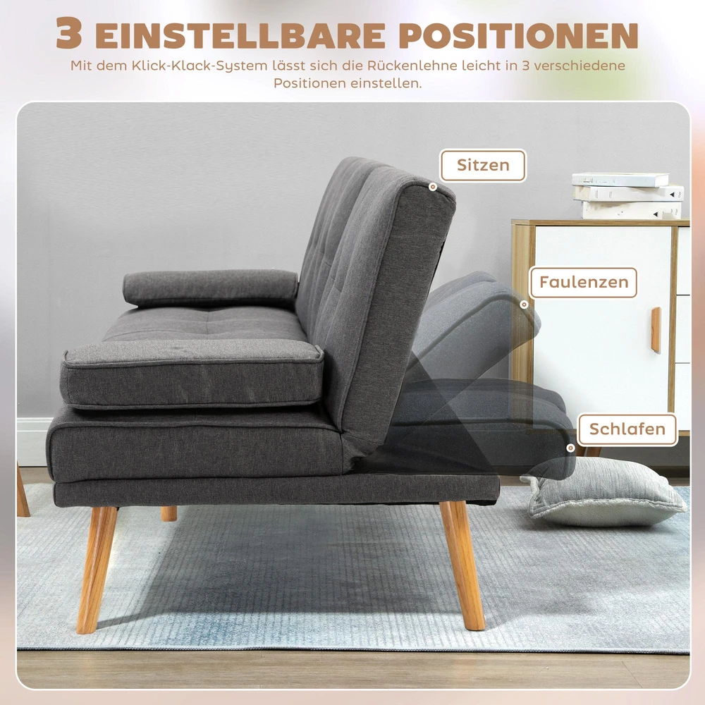 HOMCOM sofa lova, 3 vietų sofa, sofa-lova su atlenkiamu staliuku, puodelių laikikliu, skandinaviško dizaino, tamsiai pilka, iki 250 kg