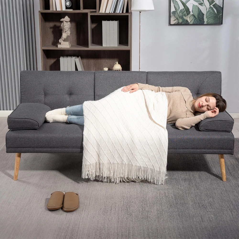 HOMCOM sofa lova, 3 vietų sofa, sofa-lova su atlenkiamu staliuku, puodelių laikikliu, skandinaviško dizaino, tamsiai pilka, iki 250 kg