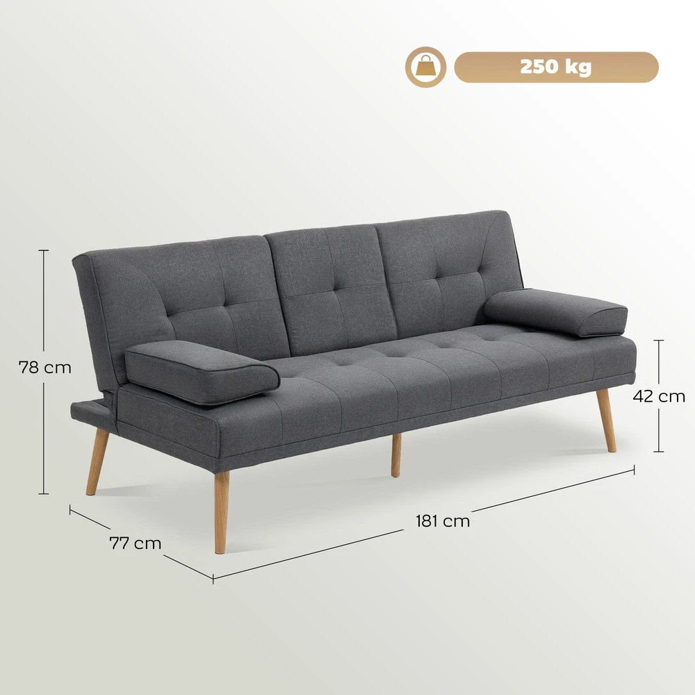 HOMCOM sofa lova, 3 vietų sofa, sofa-lova su atlenkiamu staliuku, puodelių laikikliu, skandinaviško dizaino, tamsiai pilka, iki 250 kg