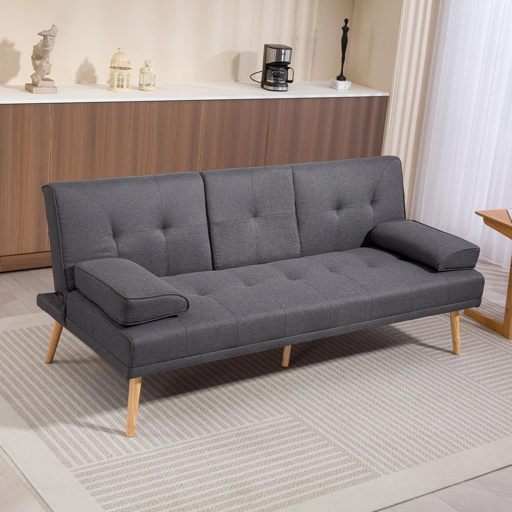HOMCOM sofa lova, 3 vietų sofa, sofa-lova su atlenkiamu staliuku, puodelių laikikliu, skandinaviško dizaino, tamsiai pilka, iki 250 kg