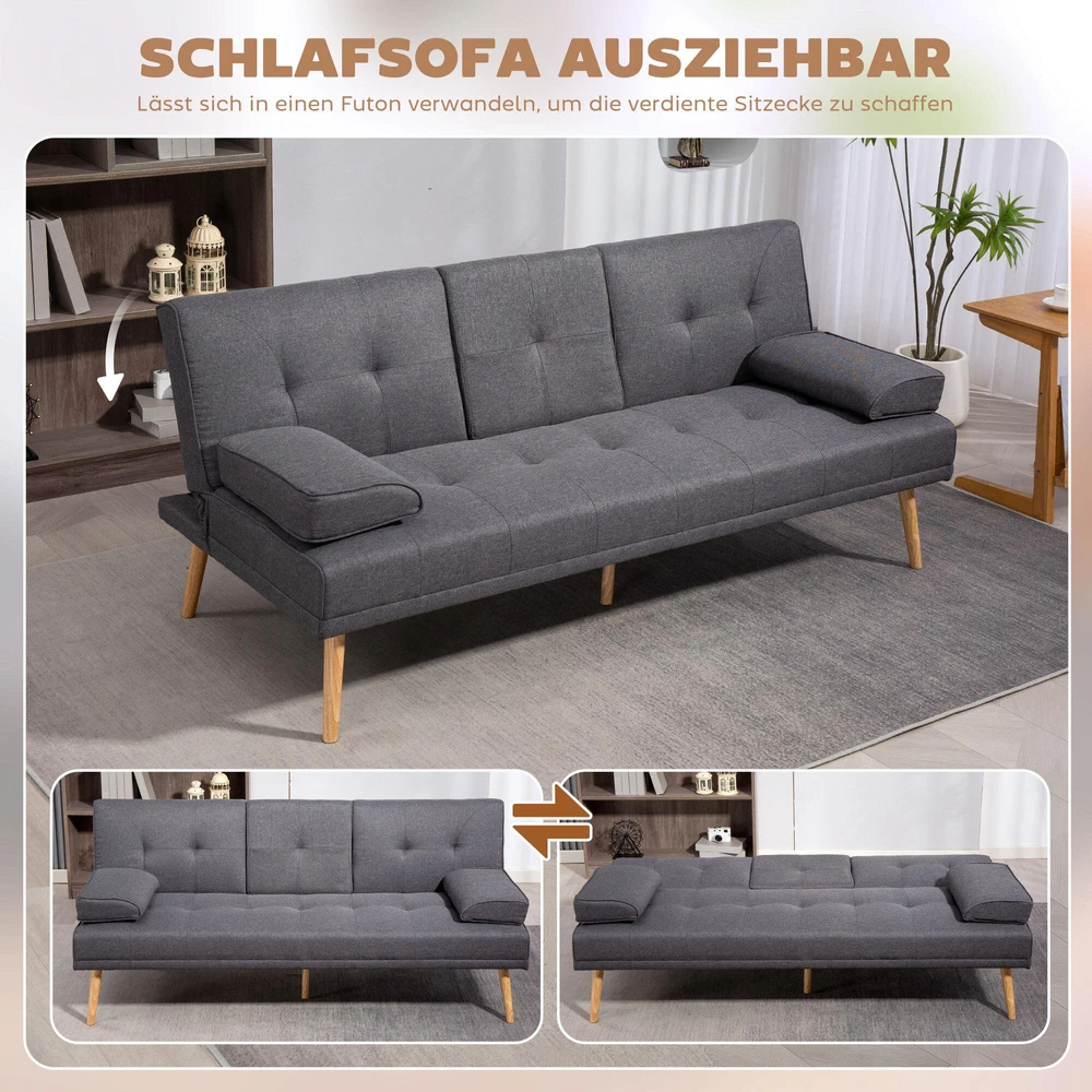HOMCOM sofa lova, 3 vietų sofa, sofa-lova su atlenkiamu staliuku, puodelių laikikliu, skandinaviško dizaino, tamsiai pilka, iki 250 kg