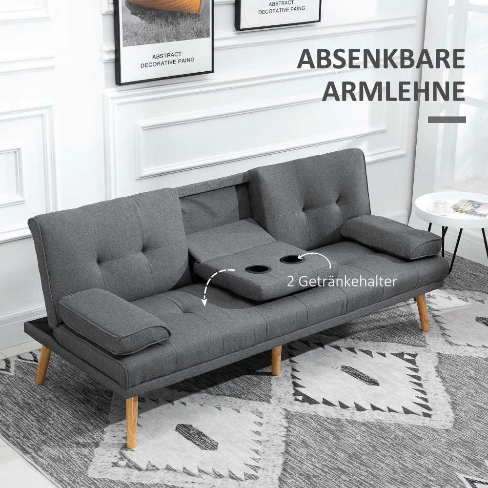 HOMCOM sofa lova, 3 vietų sofa, sofa-lova su atlenkiamu staliuku, puodelių laikikliu, skandinaviško dizaino, tamsiai pilka, iki 250 kg