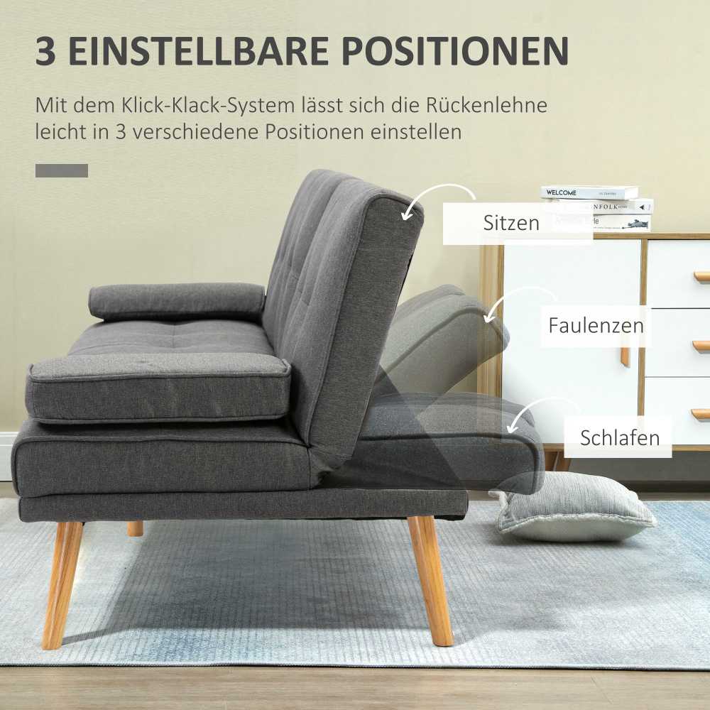 HOMCOM sofa lova, 3 vietų sofa, sofa-lova su atlenkiamu staliuku, puodelių laikikliu, skandinaviško dizaino, tamsiai pilka, iki 250 kg